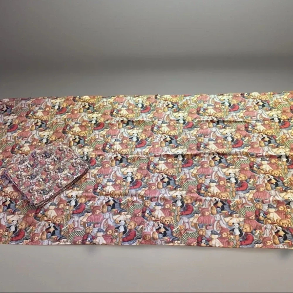 1990s Daisy Kingdom Teddy Bear Print Fabric Tablecloth and Napkins